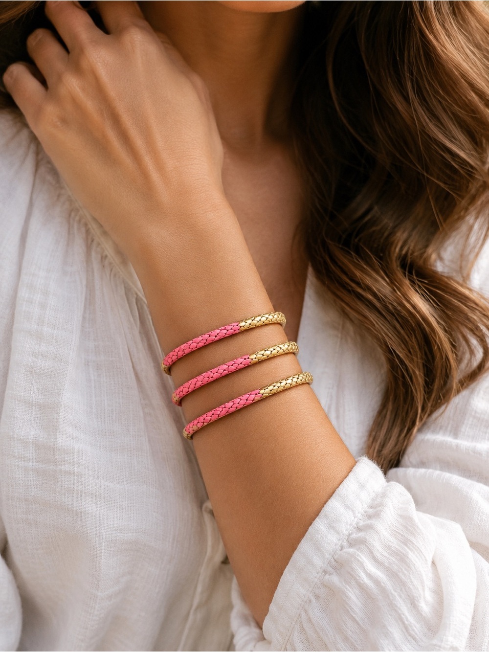 Boho Pink & Gold Braided Bangle Bracelet Set of 3 | Stackable Statement